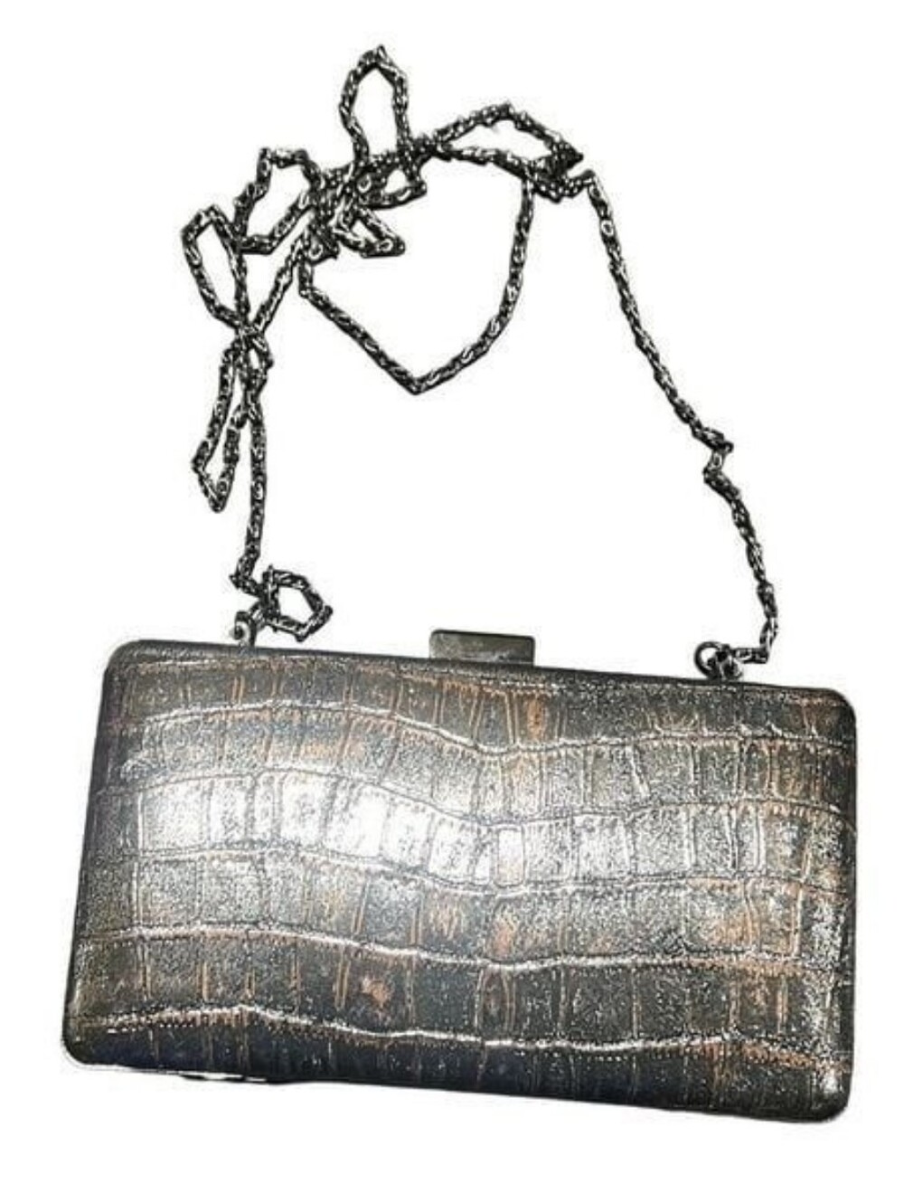 Metallic Silver Gunmetal Distressed Faux Alligator Clutch with Chain Strap